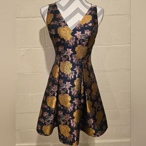 TOPSHOP Women's Floral Jacquard Plunge Mini Dress Deep V Navy/Gold Size 6.